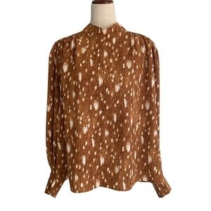 Express Brown Abstract Animal Print Blouse XL Mock Neck Modern Chic Career Top